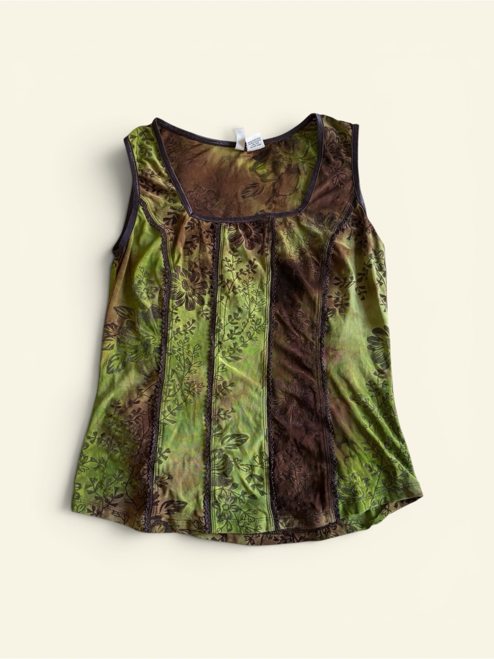 Vintage Y2K Sami + Jo Green Brown Floral Tank Top Lace Trim Fairycore Women's S